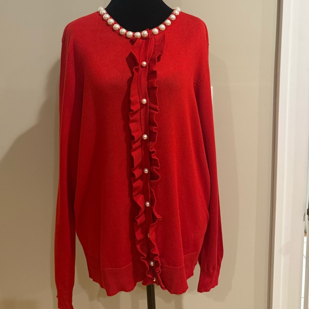 Charter Club Womens Size XXL Ruffled-Front Cardigan Faux Pearl Buttons